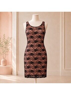 Black Floral Lace Beige Lined Sleeveless Bodycon Mini Dress